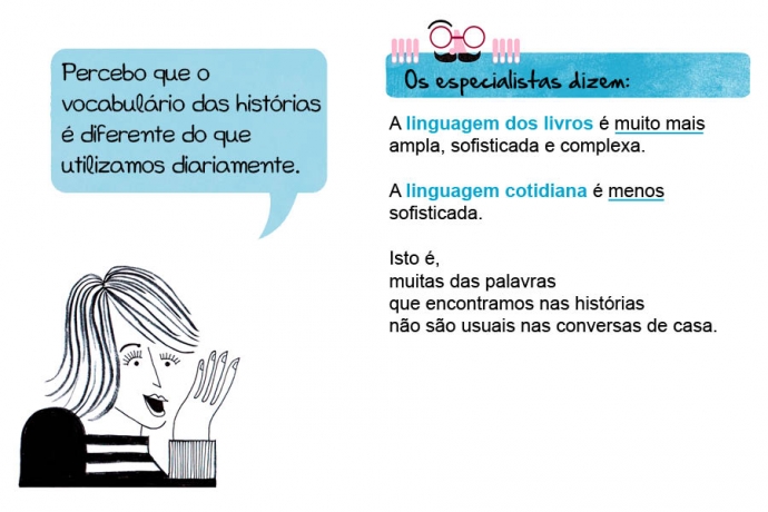 Percebo que o vocabulário das histórias é diferente do que utilizamos diariamente. Os especialistas dizem: A linguagem dos livros é muito mais ampla, sofisticada e complexa. A linguagem cotidiana é menos sofisticada. Isto é, muitas das palavras que encontramos nas histórias não são usuais nas conversas de casa.