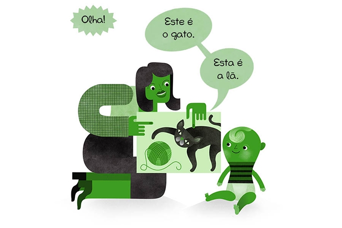 Olha! Este é o gato. Esta é a lã.