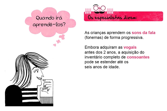 Quando irá aprendê-los? Os especialistas dizem: As crianças aprendem os sons da fala (fonemas) de forma progressiva. Embora adquiram as vogais antes dos 2 anos, a aquisição do inventário completo de consoantes pode se estender até os seis anos de idade.