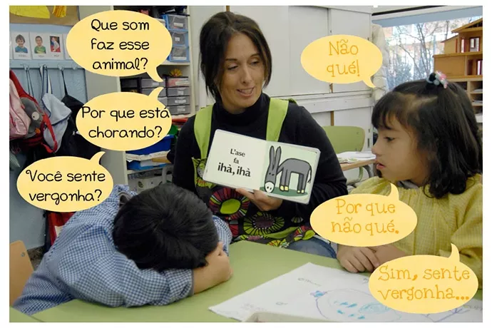 N: Que som faz esse animal? C: Não qué! N: Por que está chorando? C: Porque não qué. N: Você sente vergonha? C: Sim, sente vergonha...