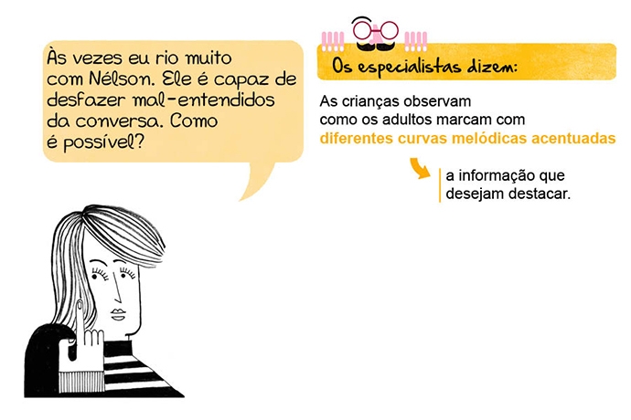 Às vezes eu rio muito com Nélson. Ele é capaz de desfazer mal-entendidos da conversa. Como é possível? Os especialistas dizem: As crianças observam como os adultos marcam com diferentes curvas melódicas acentuadas a informação que desejam destacar.