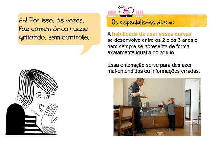 Ah! Por isso, às vezes, faz comentários quase gritando, sem controle. Os especialistas dizem: A habilidade de usar essas curvas se desenvolve entre os 2 e os 3 anos e nem sempre se apresenta de forma exatamente igual a do adulto. Essa entonação serve para desfazer mal-entendidos ou informações erradas.