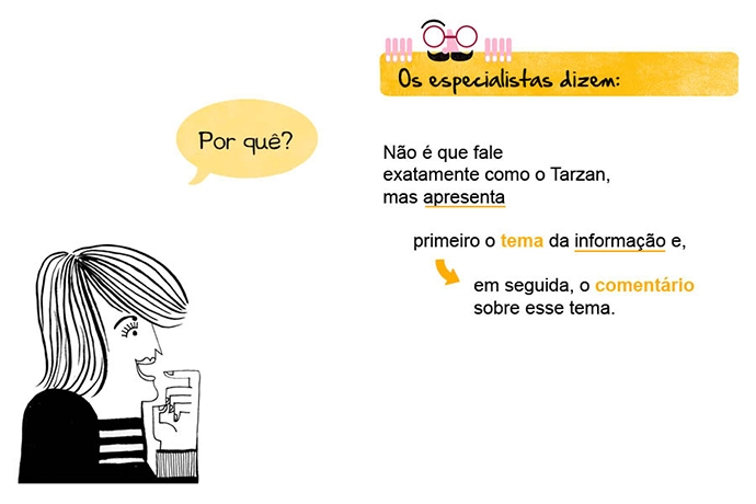 Por quê? Os especialistas dizem: Não é que fale exatamente como o Tarzan, mas apresenta primeiro o tema da informação e, em seguida, o comentário sobre esse tema.