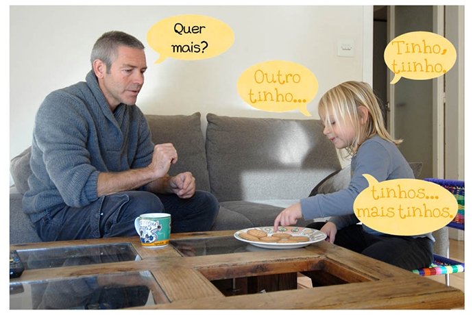 Pai: Quer mais? C: Tinho, tiinho. Outro tinho... tinhos… mais tinhos.