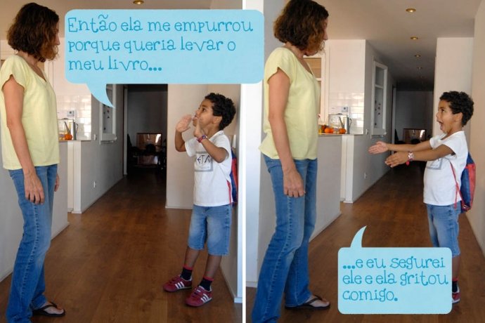 C: Então ela me empurrou porque queria levar o meu livro… ...e eu segurei ele e ela gritou comigo.