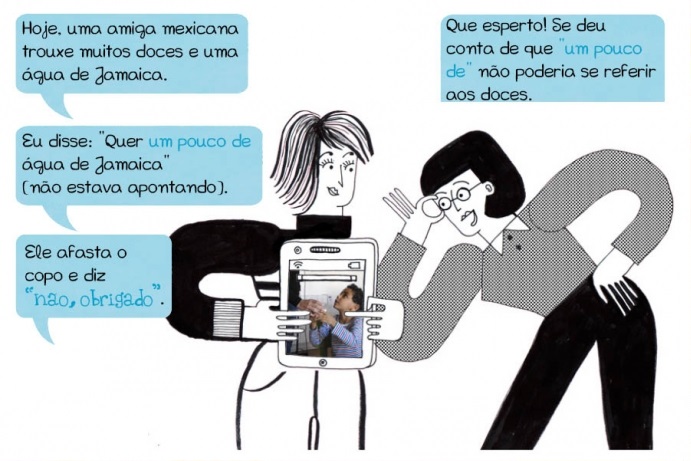 Hoje, uma amiga mexicana trouxe muitos doces e uma água de Jamaica. Eu disse: “Quer um pouco de água de Jamaica” (não estava apontando). Ele afasta o copo e diz “não, obrigado”. Amiga: Que esperto! Se deu conta de que “um pouco de” não poderia se referir aos doces.